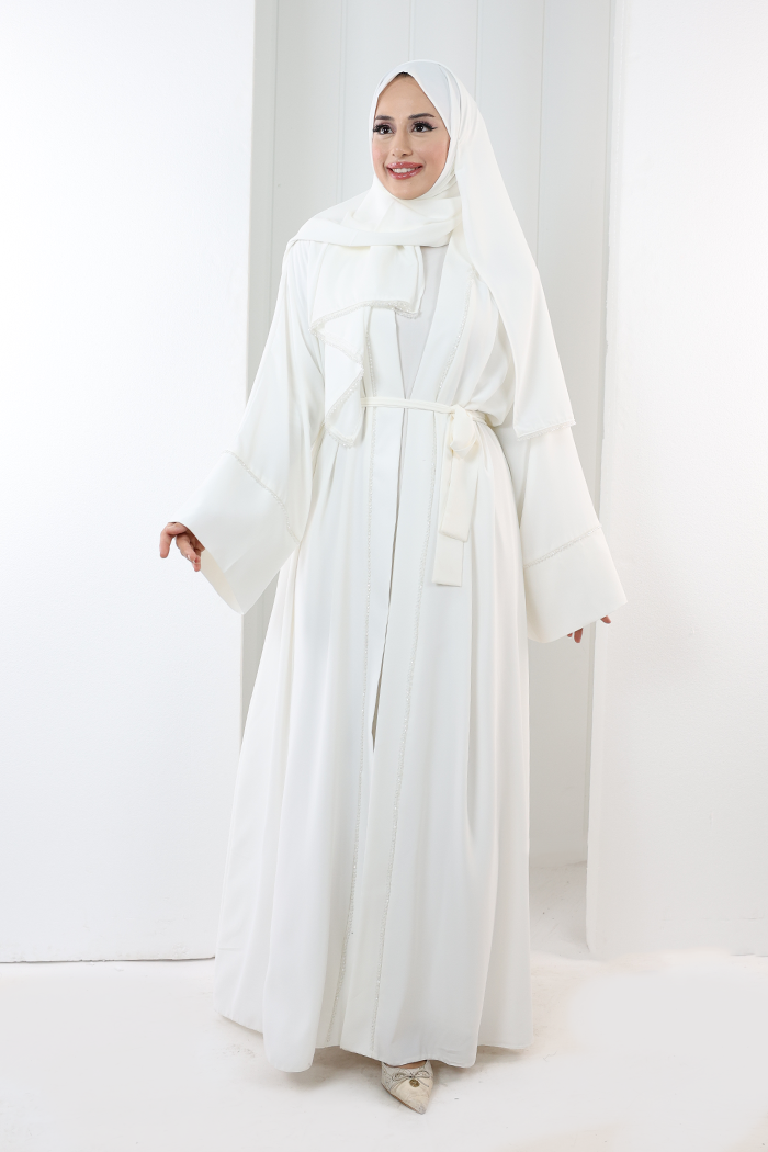 Crystal-Detailed Abaya with Matching Hijab 7096 Ecru