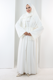 Crystal-Detailed Abaya with Matching Hijab 7096 Ecru - view 2