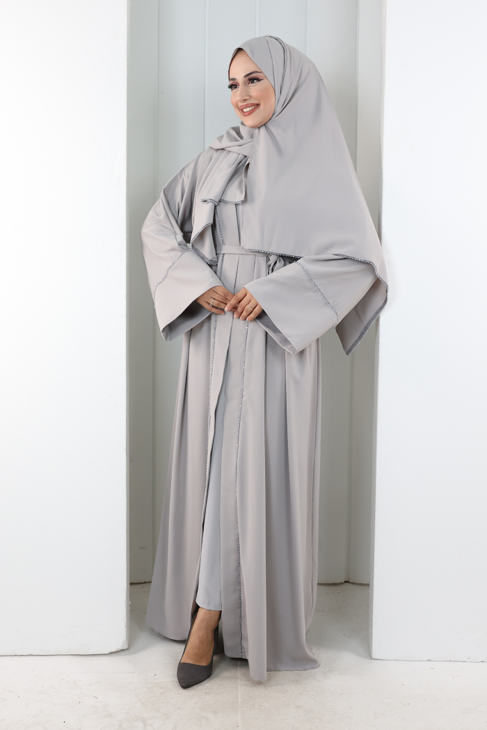 Crystal-Detailed Abaya with Matching Hijab 7096 Gray