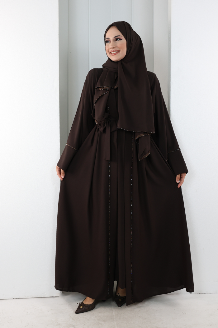 Crystal-Detailed Abaya with Matching Hijab 7096 Brown