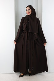 Crystal-Detailed Abaya with Matching Hijab 7096 Brown