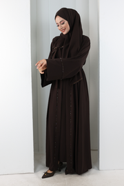 Crystal-Detailed Abaya with Matching Hijab 7096 Brown - view 2