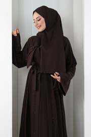 Crystal-Detailed Abaya with Matching Hijab 7096 Brown - view 4