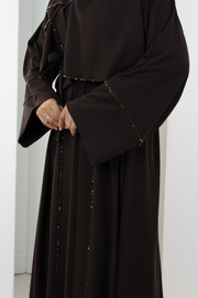 Crystal-Detailed Abaya with Matching Hijab 7096 Brown - view 5