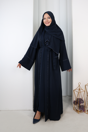 Crystal-Detailed Abaya with Matching Hijab 7096 Navy - view 2