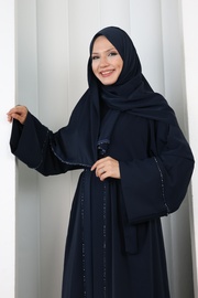 Crystal-Detailed Abaya with Matching Hijab 7096 Navy - view 4