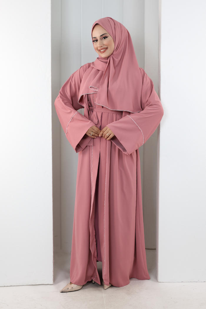 Crystal-Detailed Abaya with Matching Hijab 7096 Dusty Rose
