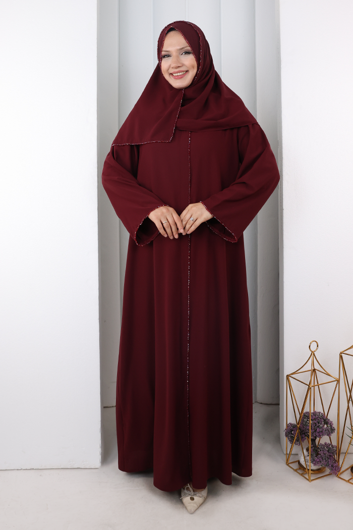 Crystal-Embellished Abaya 7091 Burgundy