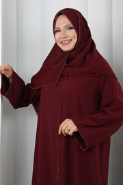 Crystal-Embellished Abaya 7091 Burgundy
