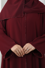 Crystal-Embellished Abaya 7091 Burgundy