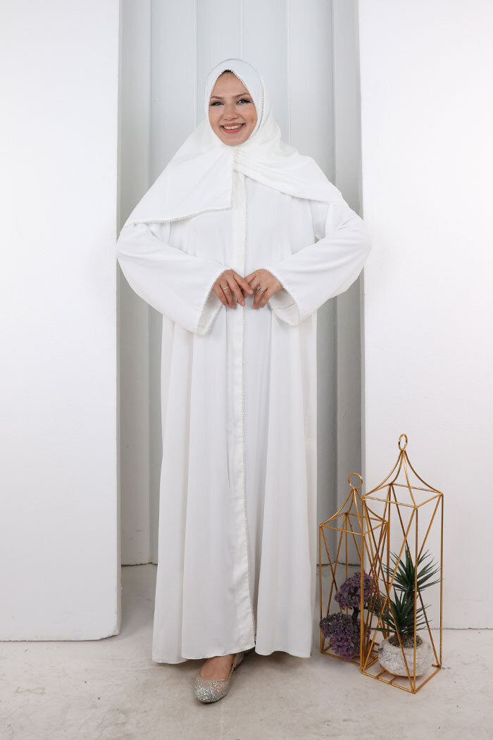 Crystal-Embellished Abaya 7091 Ecru