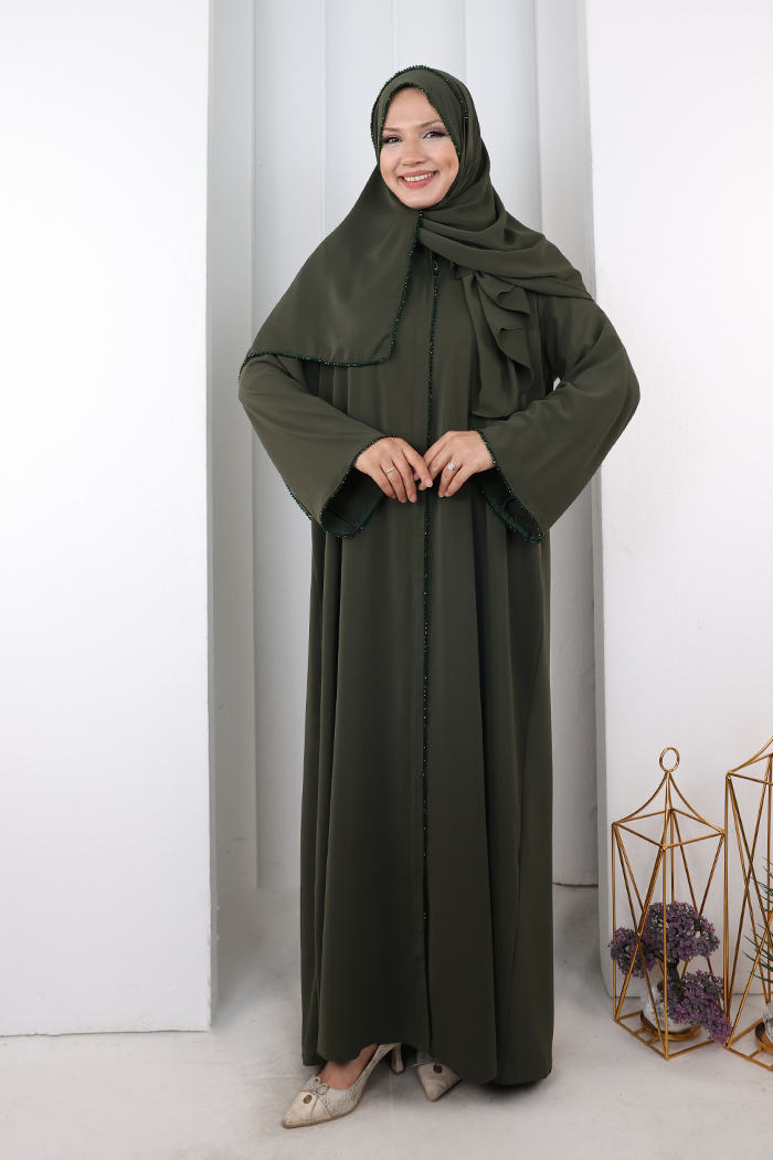 Crystal-Embellished Abaya 7091 Khaki