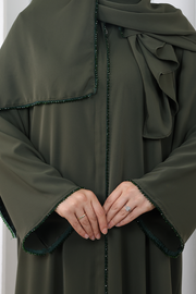 Crystal-Embellished Abaya 7091 Khaki