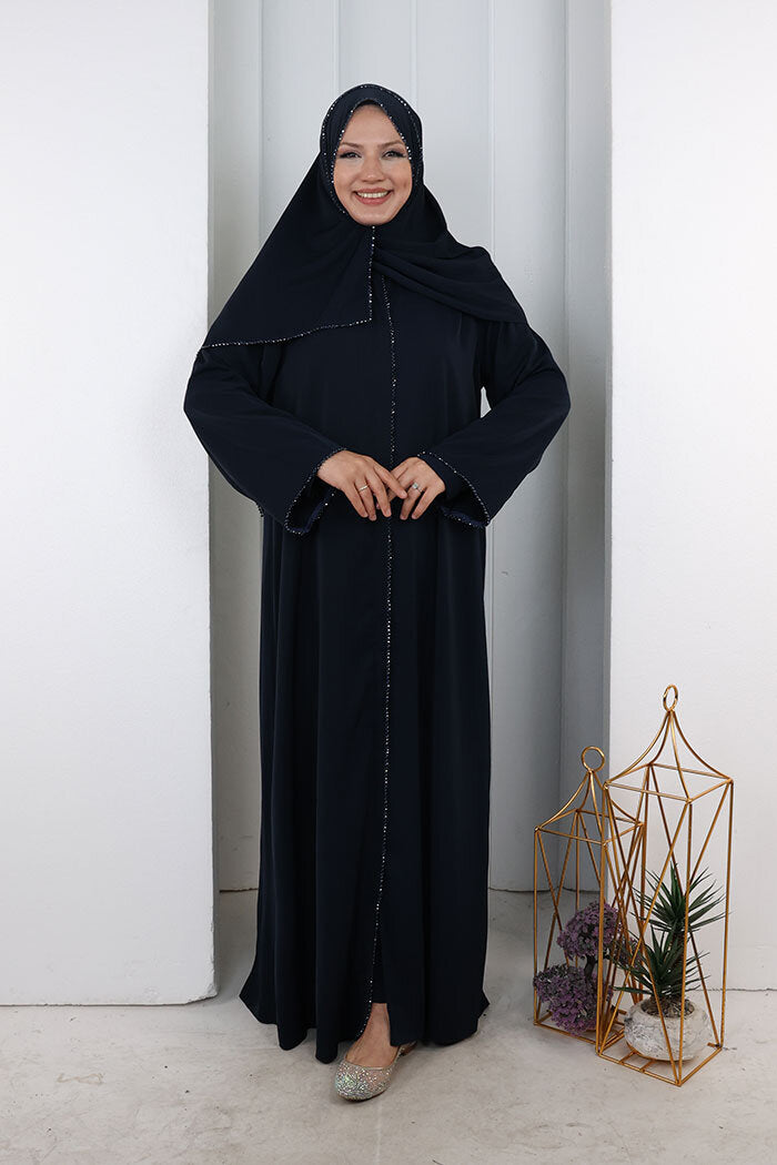 Crystal-Embellished Abaya 7091 Navy