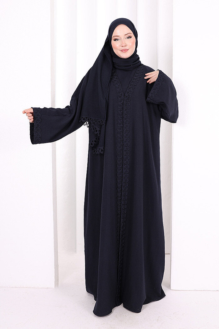 Three-Piece Lace Abaya Set 6089 Navy