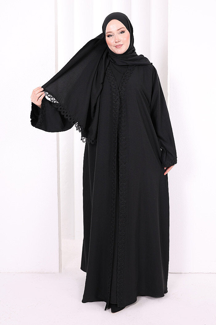 Three-Piece Lace Abaya Set 6089 Black