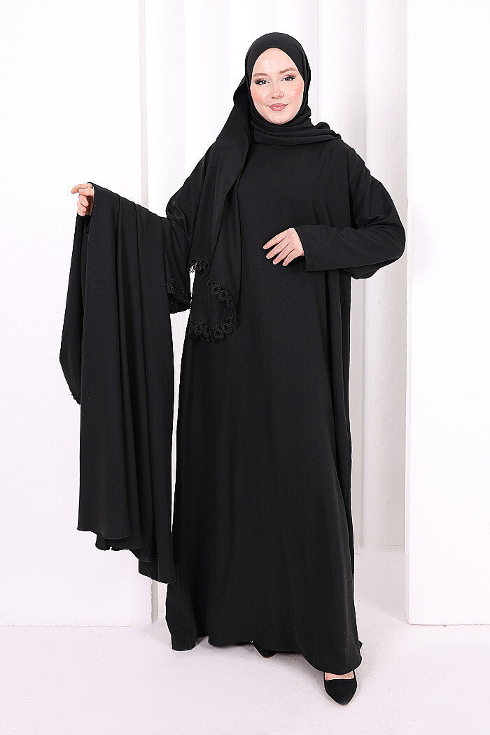 Three-Piece Lace Abaya Set 6089 Black