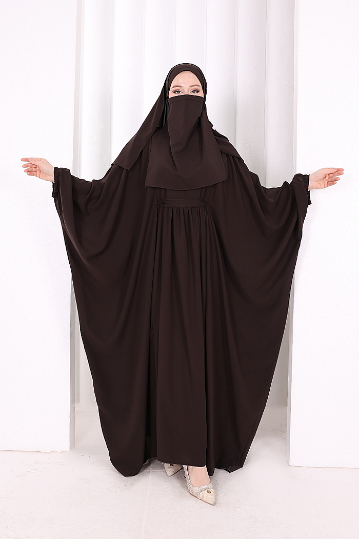 6038 Umrah Dress with Shawl and Niqab – Brown, front view