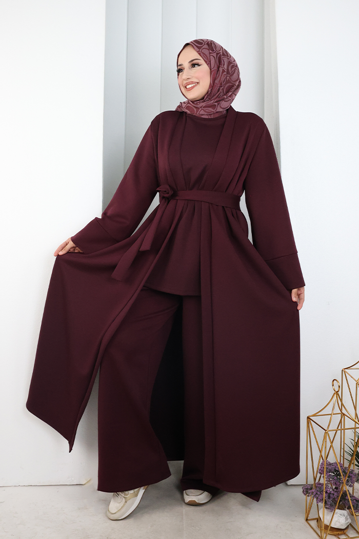 Long-Cardigan Three-Piece Set 8716 Plum