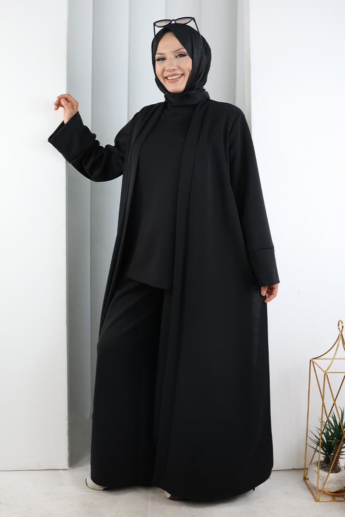 Long-Cardigan Three-Piece Set 8716 Black