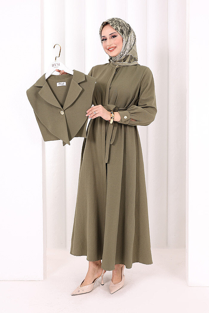 Removable-Collar Modest Dress 7066 Khaki front view