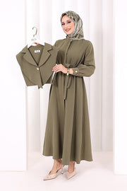 Removable-Collar Modest Dress 7066 Khaki front view