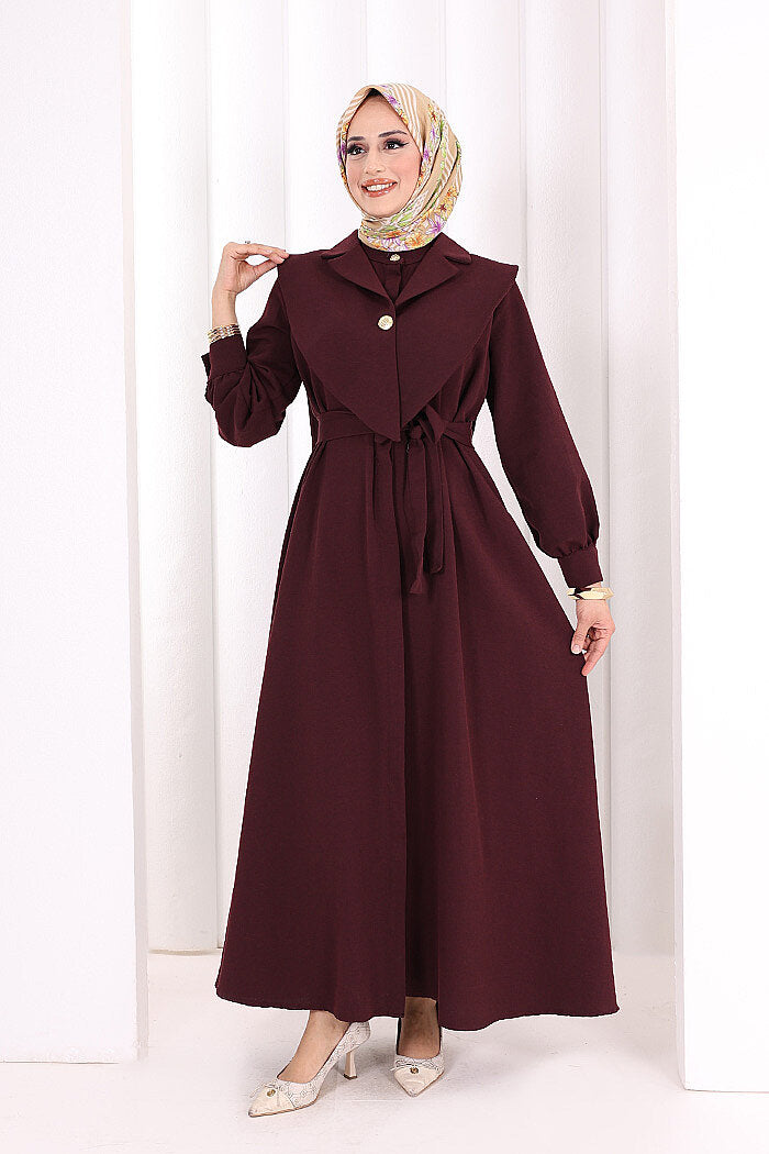 Removable-Collar Modest Dress 7066 Plum
