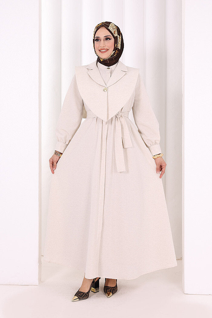 Removable-Collar Modest Dress 7066 Stone front view