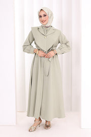 Removable-Collar Modest Dress 7066 Olive Green front view