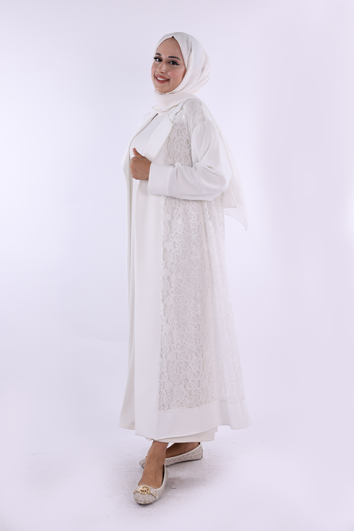 Lace Collar Detail Abaya 7830 Ecru