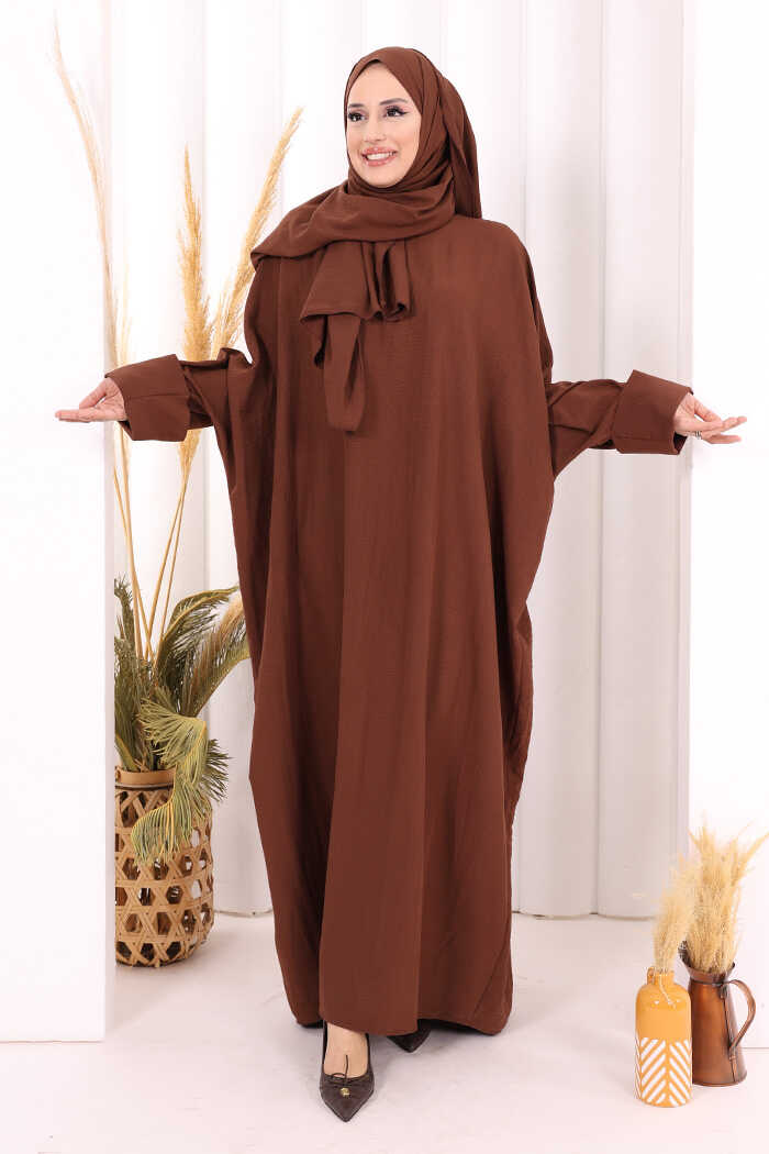Batwing Modest Dress with Shawl 2398 Brown