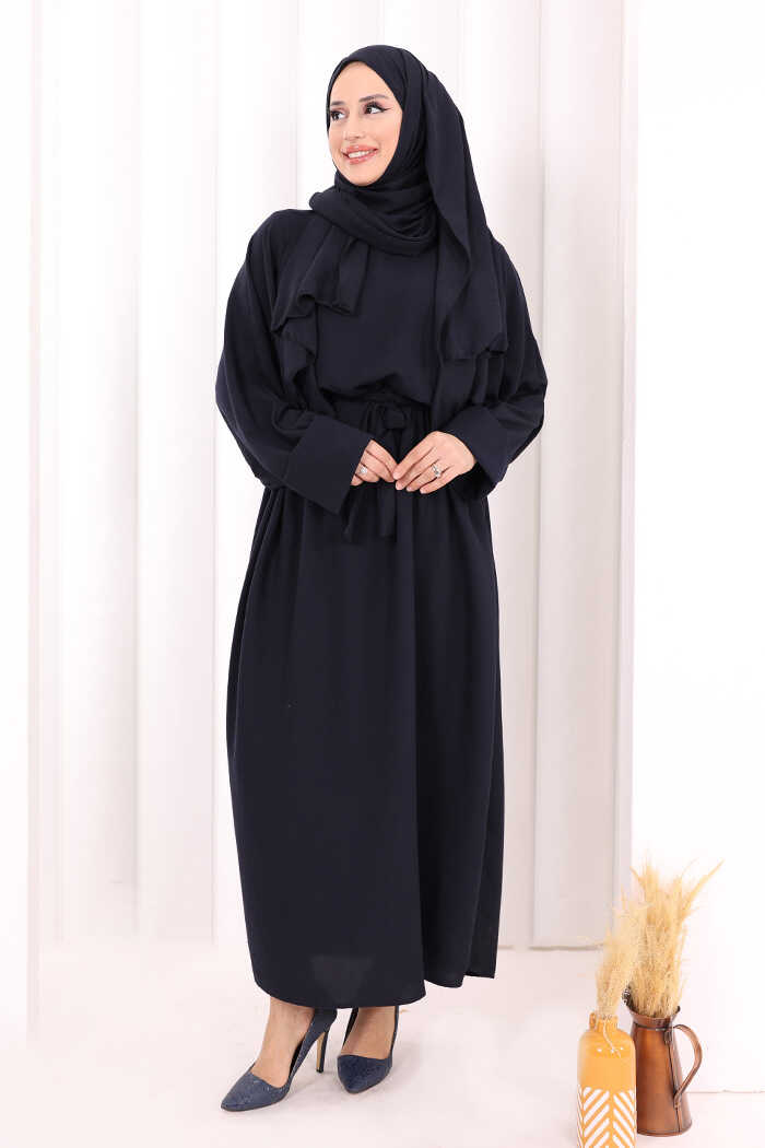 Batwing Modest Dress with Shawl 2398 Navy